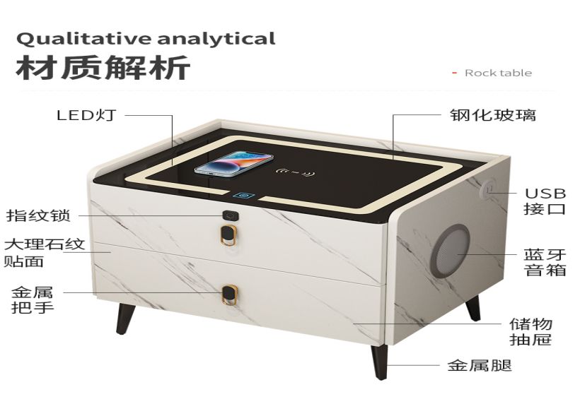 [Gray with Two Drawers] - Three-Color Lights + Wireless Charging + USB Ports + Fingerprint Lock + Bluetooth Speaker(图16)